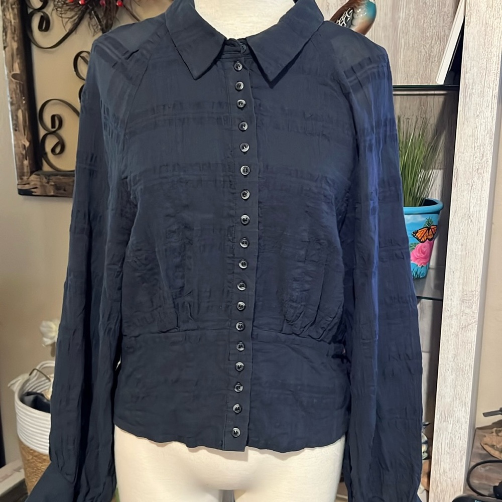 Free People blouse, button-down front, long sleeves, and a textured fabric L